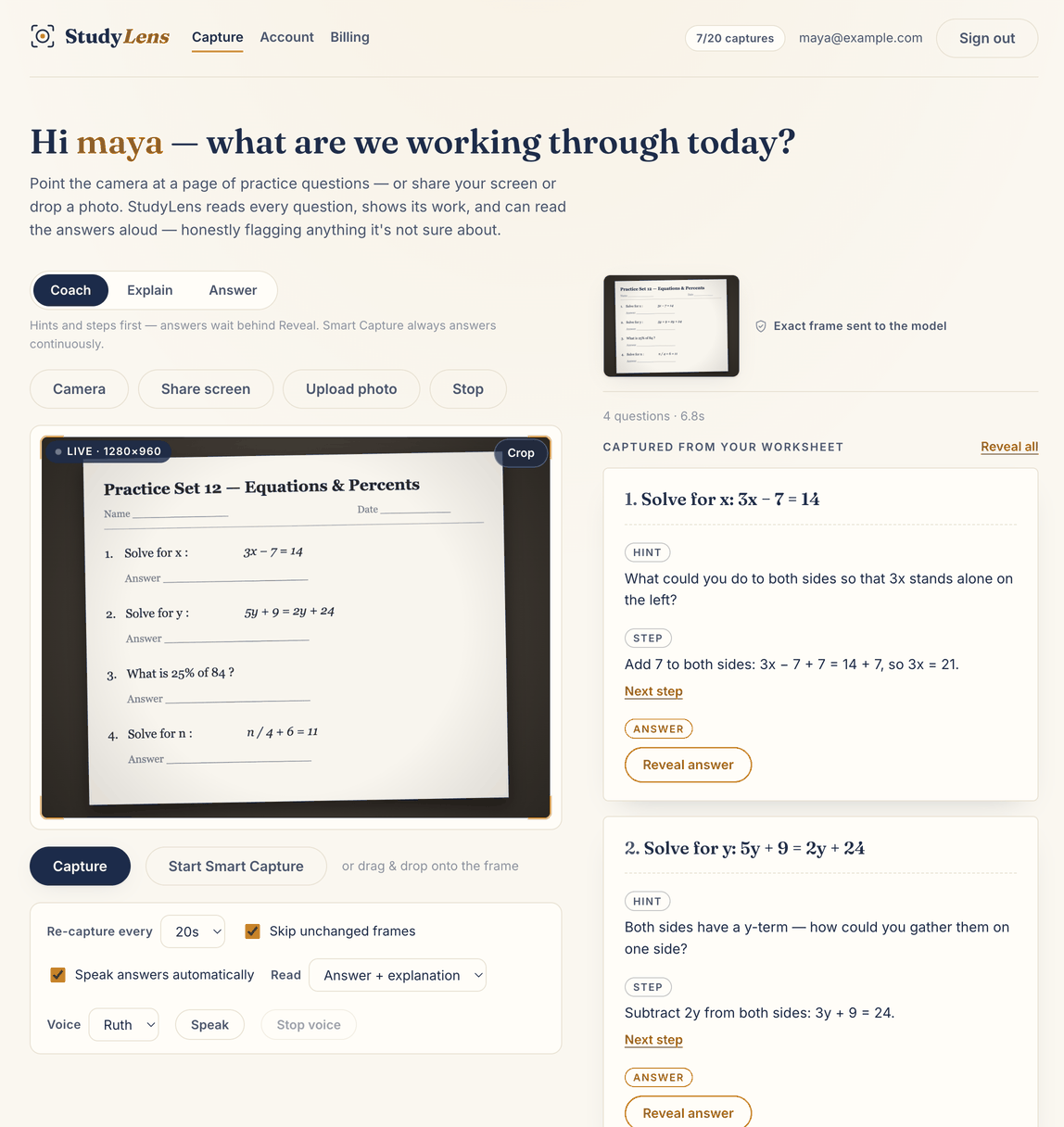 The StudyLens dashboard mid-session: on the left, a printed practice worksheet inside the live camera viewfinder with the Coach / Explain / Answer mode control above it; on the right, a coach card for each question showing a hint and a first step, with the answers still waiting behind outlined Reveal buttons.