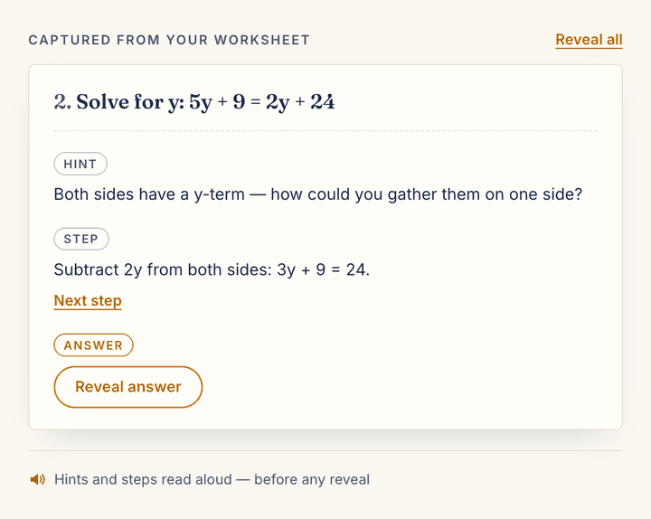 A coach card for one worksheet question, showing a hint and a first step with a Next step link — the answer still behind an outlined Reveal answer button.