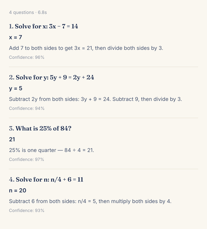 The reviewed worksheet after revealing: every question typeset with its answer, a short explanation, and an honest confidence percentage.